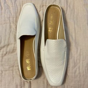 White mule loafer with extra low espadrille heel